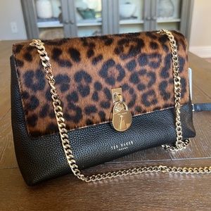 NWT Ted Baker Black Leather/Leopard Gold Padlock Mini Crossbody Shoulder Bag